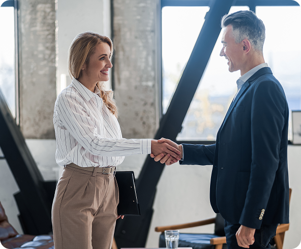 blonde-specialist-welcoming-male-customer-her-office 1